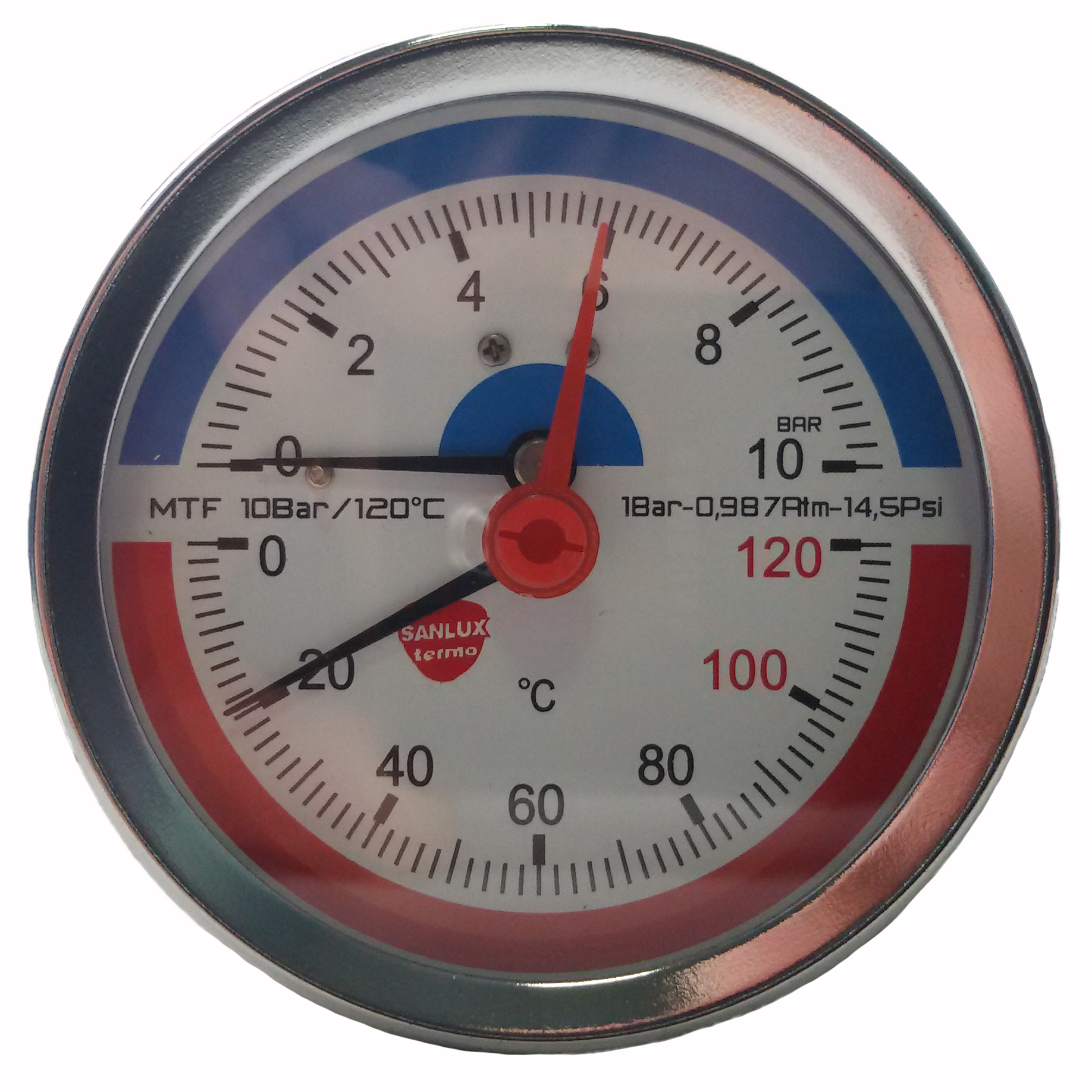 Термоманометр тыльный с клапаном 0-120C 0-10 бар D80 мм корпус металл